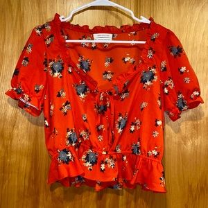 Urban Outfitters Riley Floral Ruffle Tie-Front Blouse, Size M